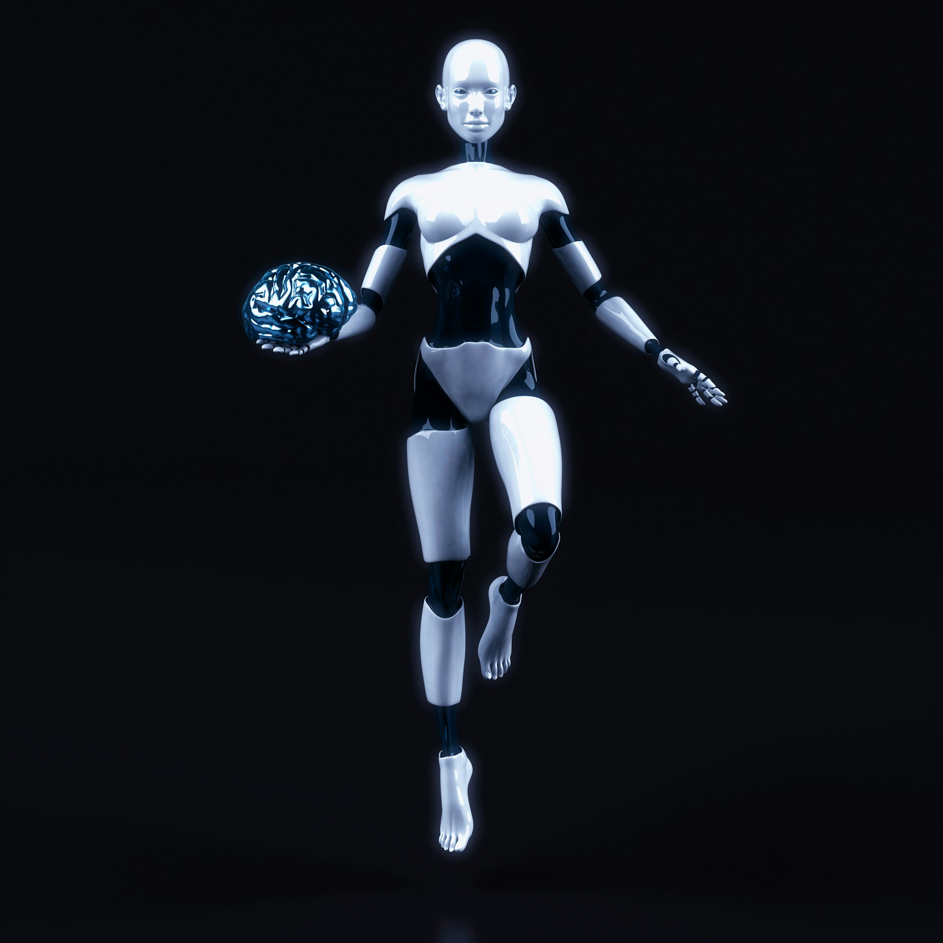 Humanoid robot holding a glowing digital brain