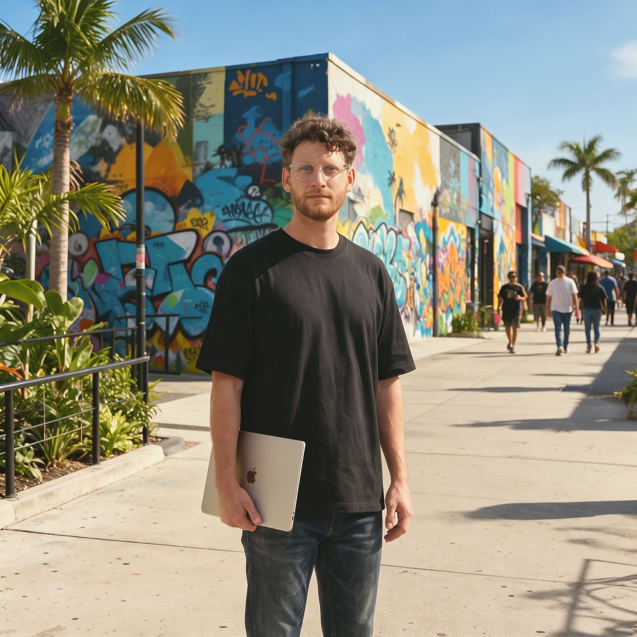 Ezequiel Pavlotsky, founder of Miami Pixel, standing in front of a mural in Wynwood, Miami